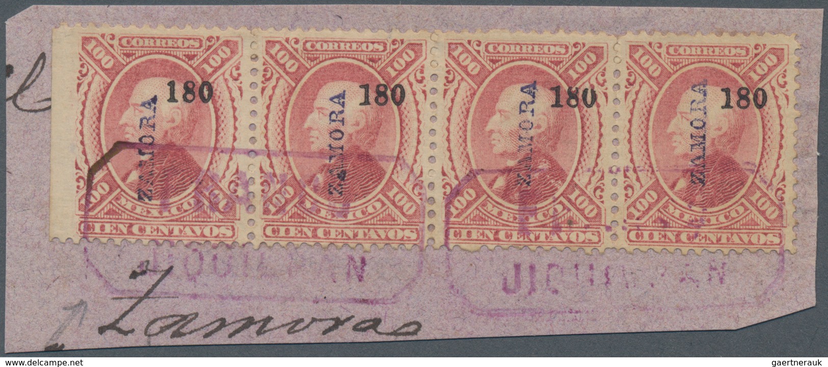 Mexiko: 1880, 100 C Violet Horizontel Stripe Of Four On Piece With Overprint 180 ZAMORA Tied By Viol - México