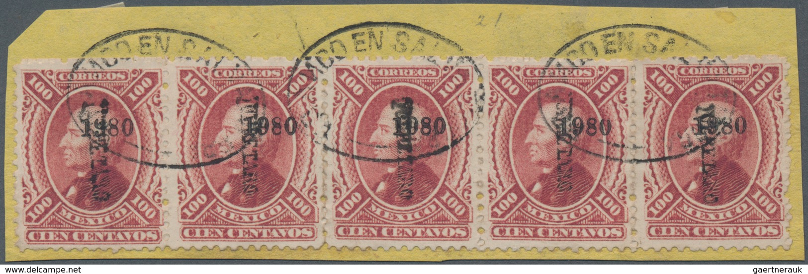 Mexiko: 1880, 100 C Violet Horizontel Stripe Of Three And Pair On Piece With Overprint 1980 QUERETAR - Mexique