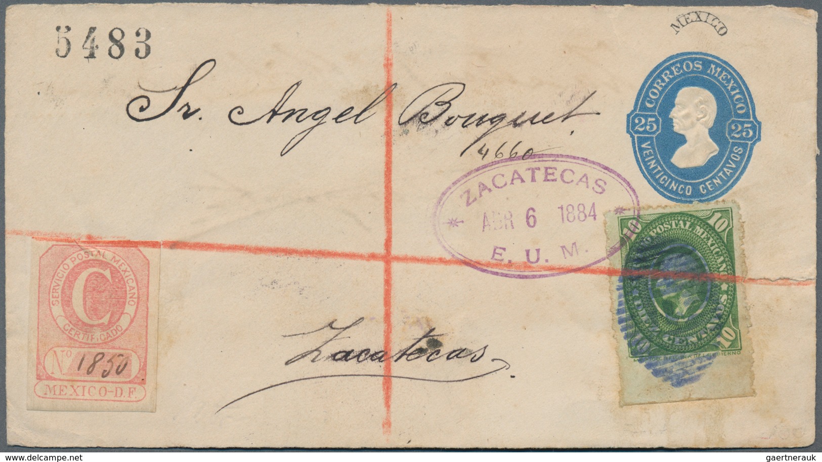 Mexiko: 1884, 25 C Blue Postal Stationery Envelope-frontside With Additional Franking 10 C Green Hid - Mexico