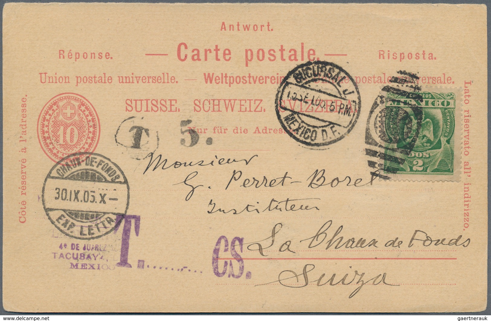 Mexiko: 1905, 2 C. Stamp On 10 Rp. Swiss Reply Postcard With Duplex "SUCURSAL MEXICO D.F. 15-9-05" B - Messico