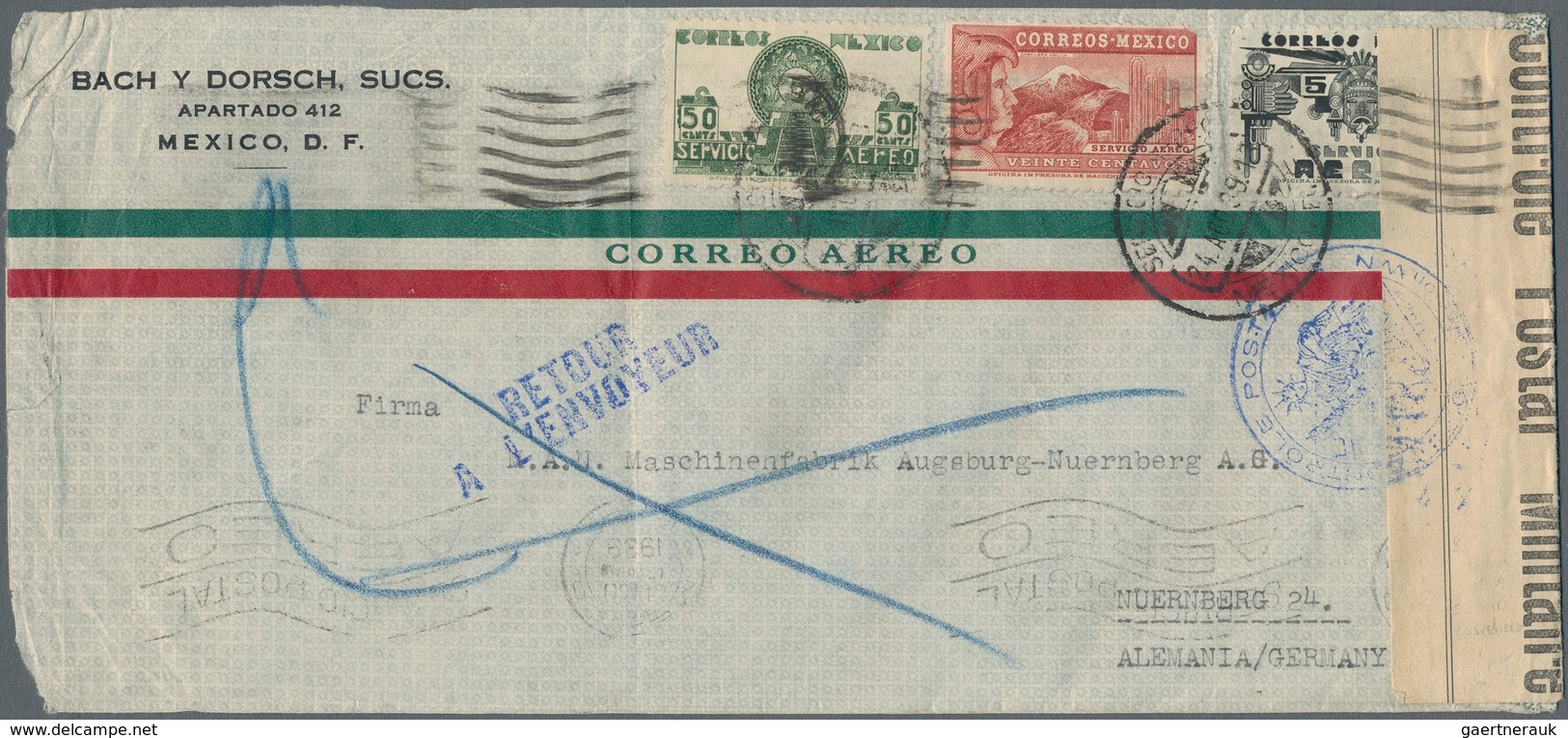 Mexiko: 1939, Airmail Cover From "MEXICO 24.AUG 39" To Nuremberg/Germany. The Airmail Route To Germa - Mexico