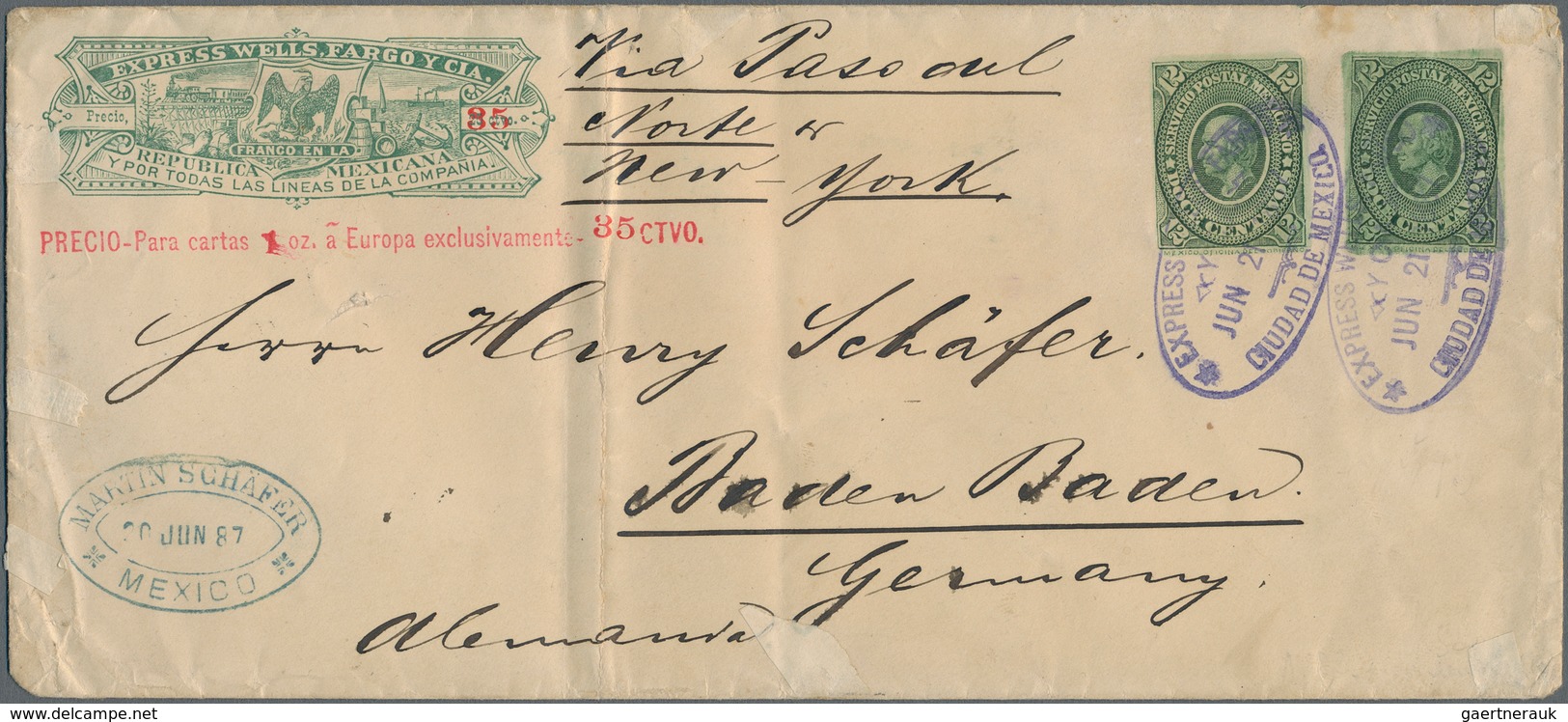 Mexiko - Ganzsachen: 1885 WELLS FARGO Postal Stationery Envelope 35c. On 25c. With Two Stamps 12c. U - Mexico