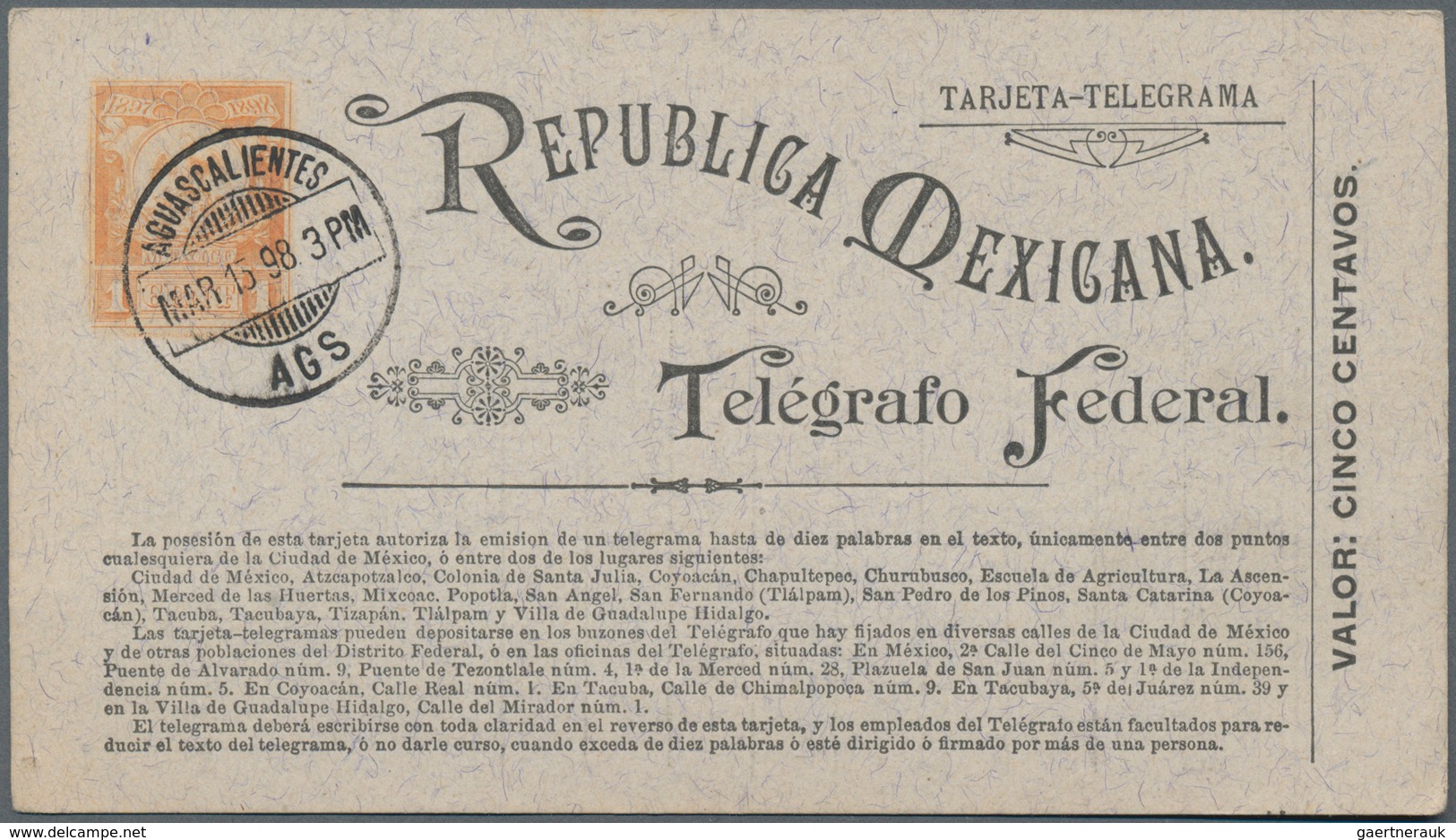 Mexiko - Ganzsachen: 1897, 5 C (+ 1 C) Orange Telegram Form Card, Used With Cds AGUASCALIENTES, 13 M - Mexico