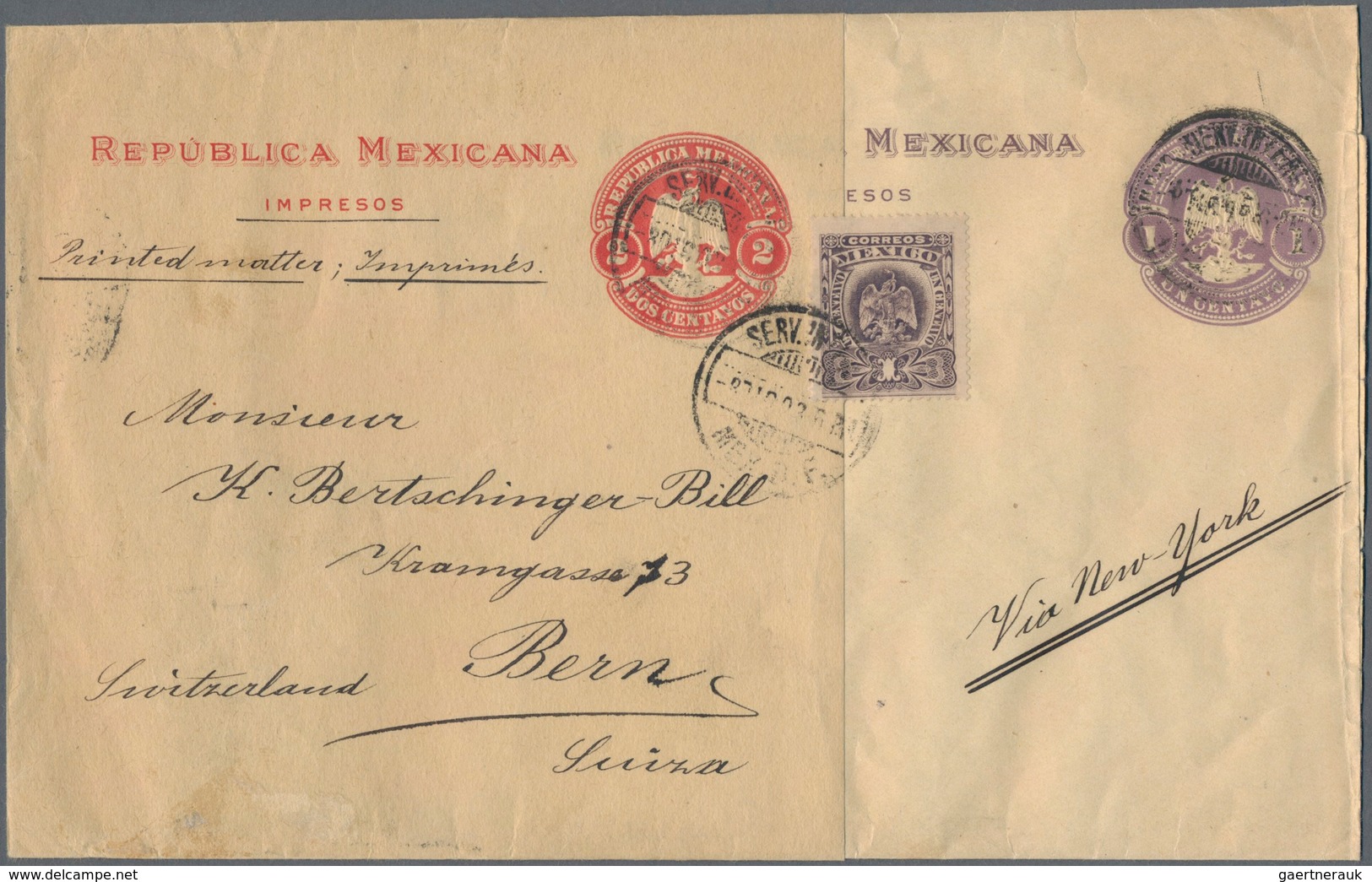 Mexiko - Ganzsachen: 1908, 1 And 2 C. Wrapper Fixed Together And Uprated By A 1 C, Stamp. This Sent - Mexico