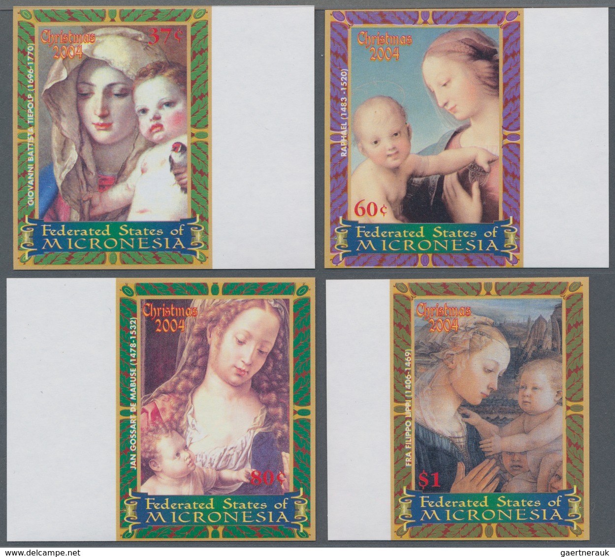 Mikronesien: 2004, Christmas - Madonna Paintings Complete IMPERFORATE Set Of Four From Right Or Left - Micronesië