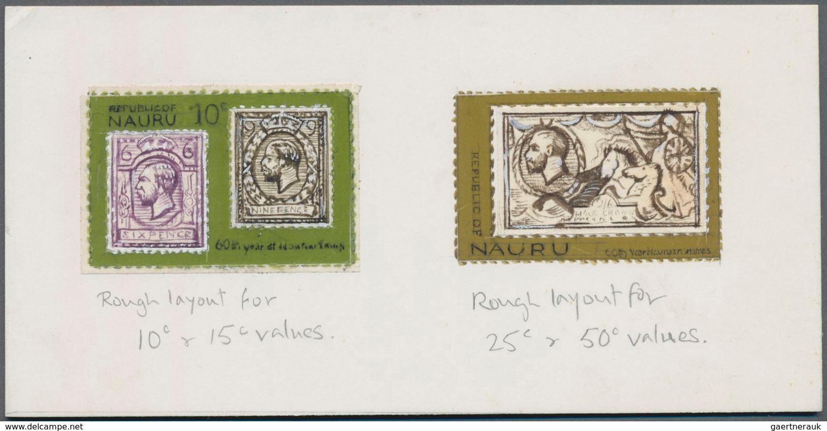 Nauru: 1976, ARTWORK, 60 YEARS NAURU STAMPS, Two Handpainting ESSAYS (simular To The Issued Stamps) - Nauru