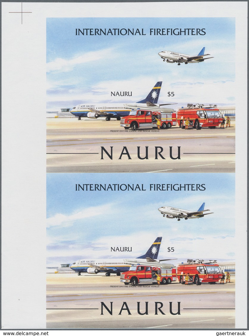 Nauru: 2002, International Firefighters Vertical Pair Of IMPERFORATE Miniature Sheets With Wide Marg - Nauru