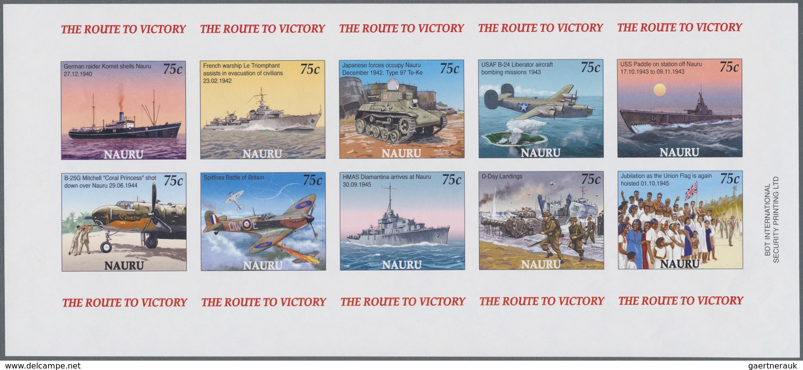 Nauru: 2005, 60 Years End Of WWII Complete Set Of Ten (ships, Airplanes, Tanks Etc.) In A Special Sh - Nauru