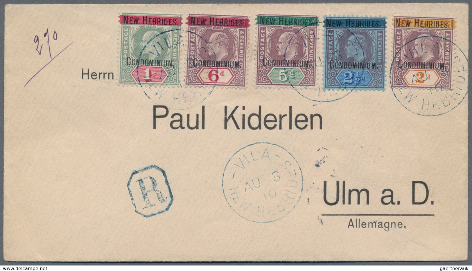 Neue Hebriden: 1910 (8.10.), Registered Cover Bearing Five Different Optd. Definitives Of Fiji (type - Other & Unclassified