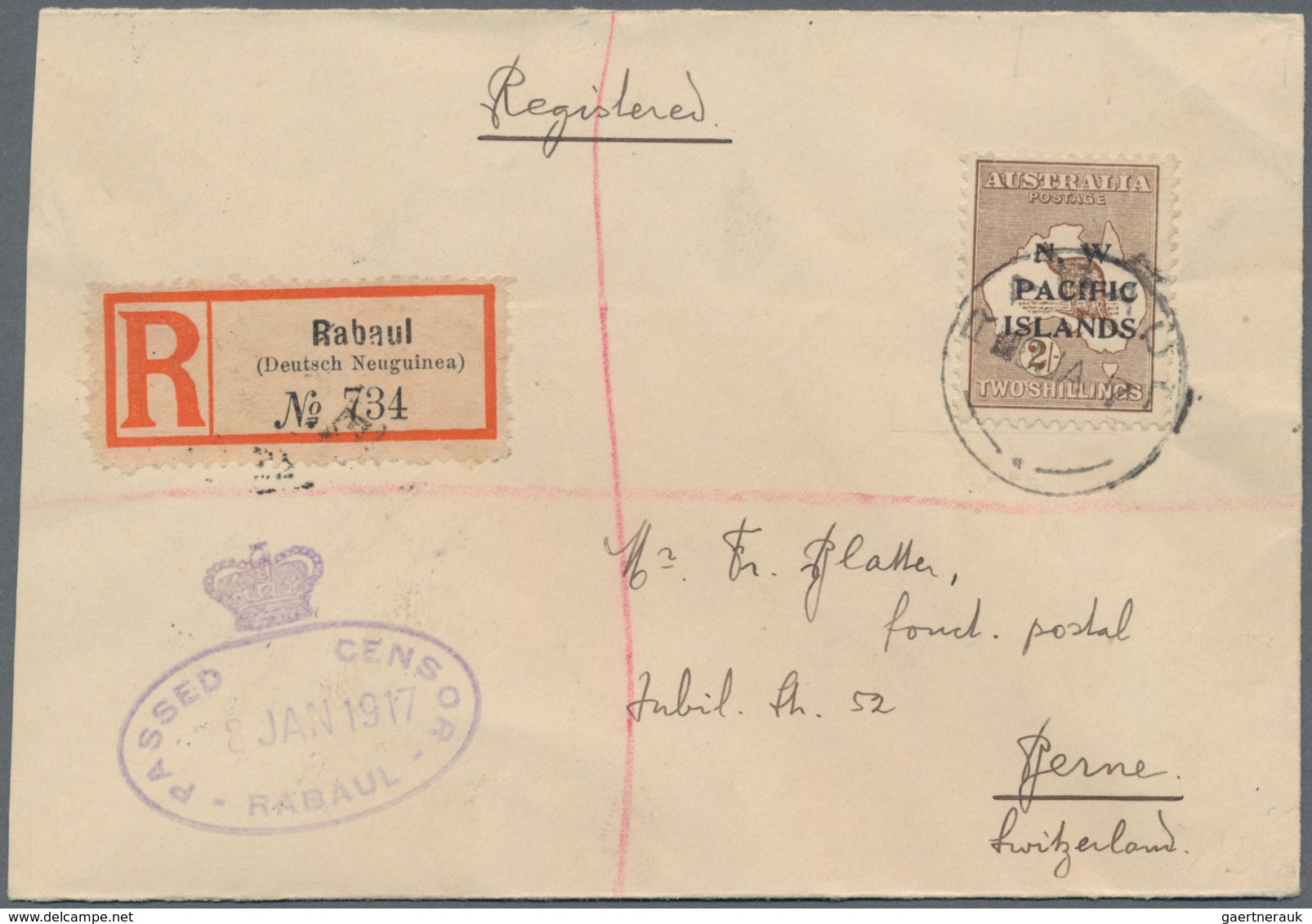 Neuguinea - N.W. Pacific Islands: 1917, 2s. Brown, Inverted Watermark, Single Franking On Registered - Papúa Nueva Guinea