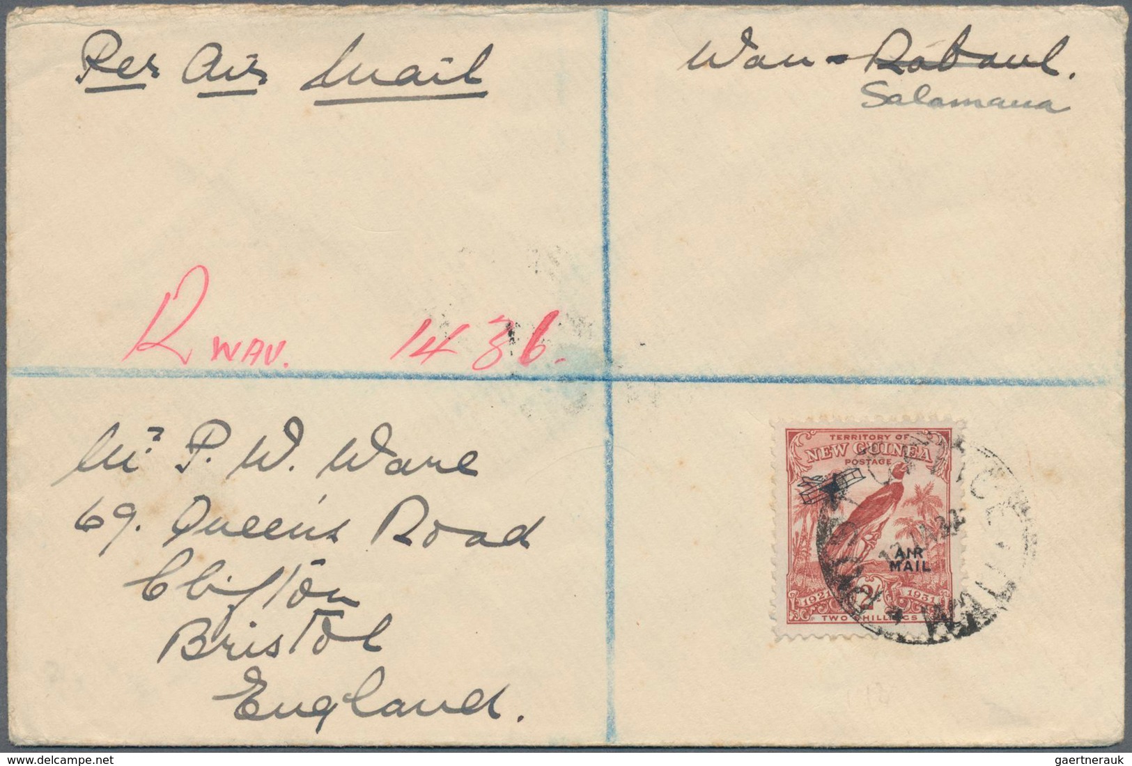 Neuguinea: 1932, 2 Sh. AIRMAIL OVERPRINT On Registered FIRST FLIGHT LETTER "WAN-SALAMANA 13.Jan.32" - Papoea-Nieuw-Guinea