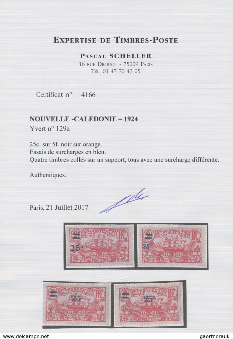 Neukaledonien: 1924, Revaluation Overprints, 25c. On 2fr. Carmine, Four Different Essays Of Overprin - Covers & Documents