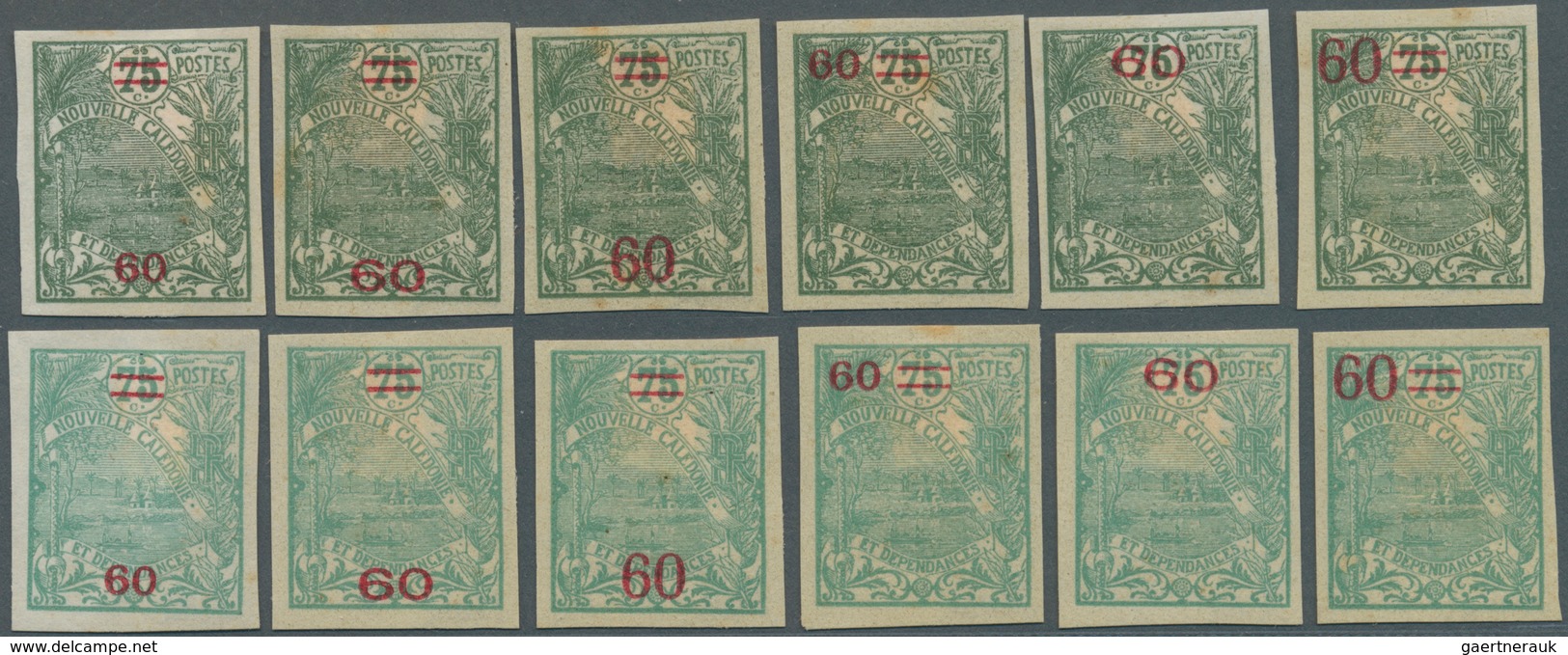 Neukaledonien: 1924, Revaluation Overprints, 60c. On 75c., Group Of Twelve Imperforate Proofs On Ung - Covers & Documents