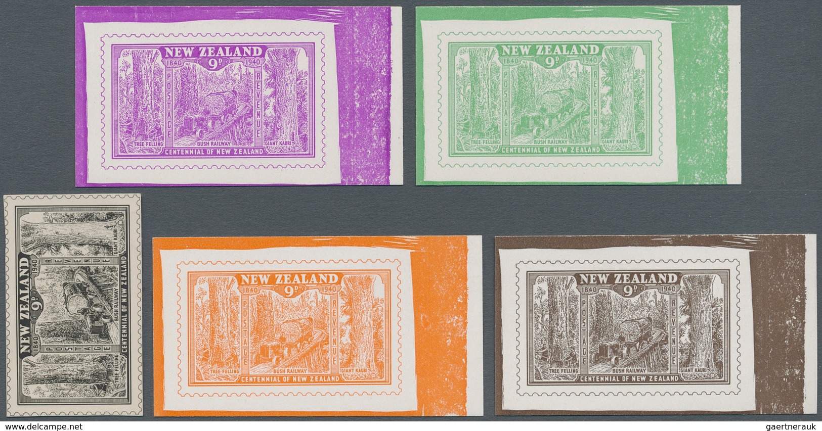 Neuseeland: 1940, Series Of 4 Proofs Of A Non-issued Type + 1 Photo Essay: 9 P. Transport & Logging. - Andere & Zonder Classificatie