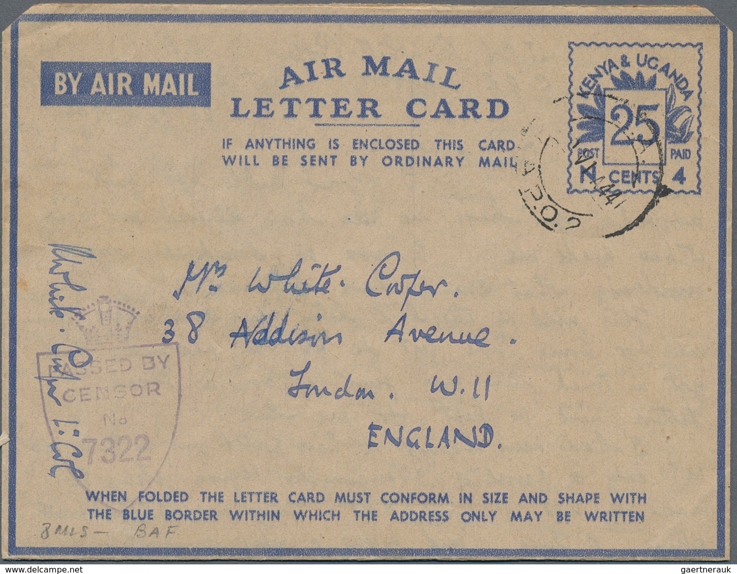 Ostafrikanische Gemeinschaft: 1944, Air Mail Letter Cards With Blue Value Tablet "25 CENTS / N 4", A - Brits Oost-Afrika