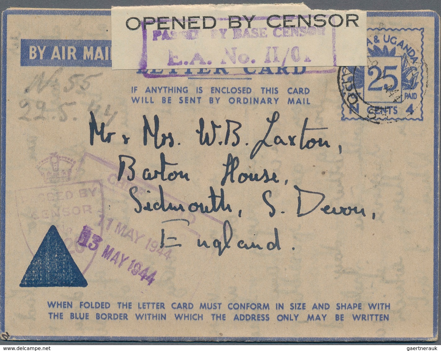 Ostafrikanische Gemeinschaft: 1944, Air Mail Letter Cards With Blue Value Tablet "25 CENTS / N 4", A - British East Africa