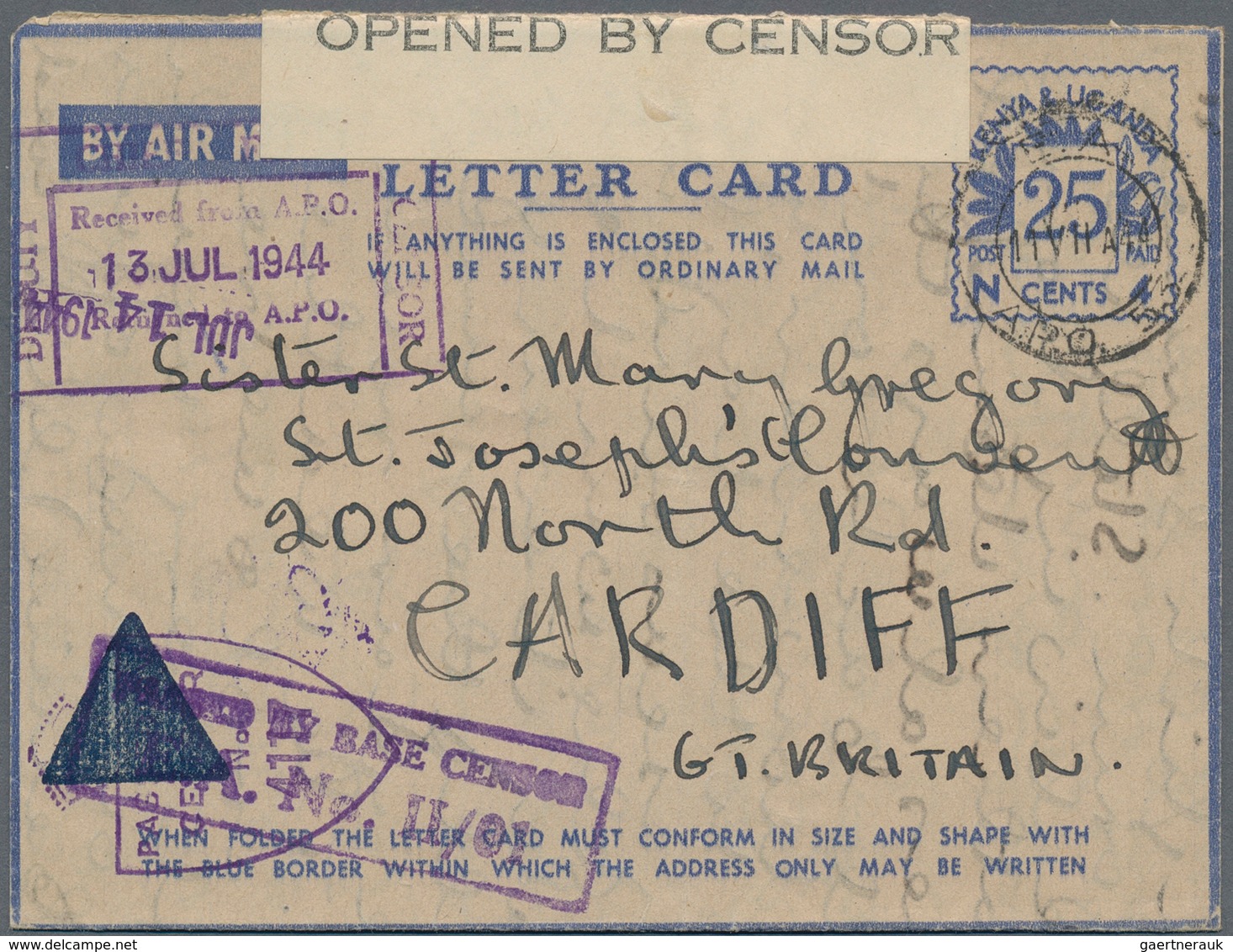 Ostafrikanische Gemeinschaft: 1944, Air Mail Letter cards with blue value tablet "25 CENTS / N 4", a