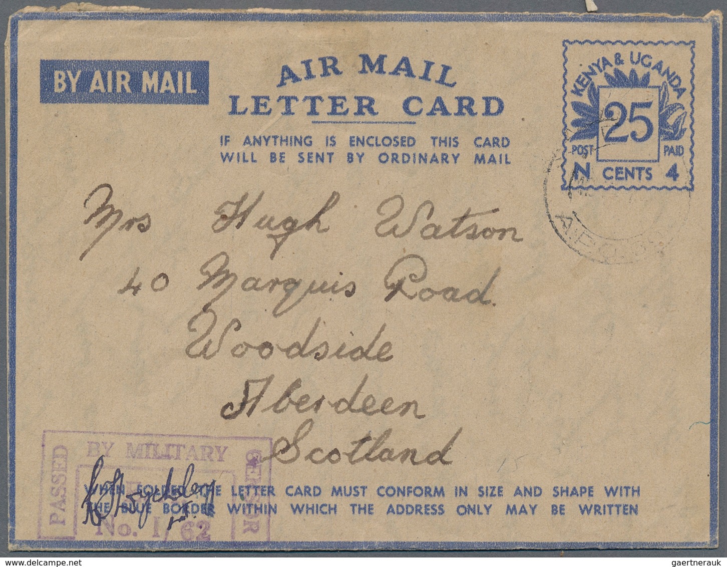 Ostafrikanische Gemeinschaft: 1944, Air Mail Letter cards with blue value tablet "25 CENTS / N 4", a