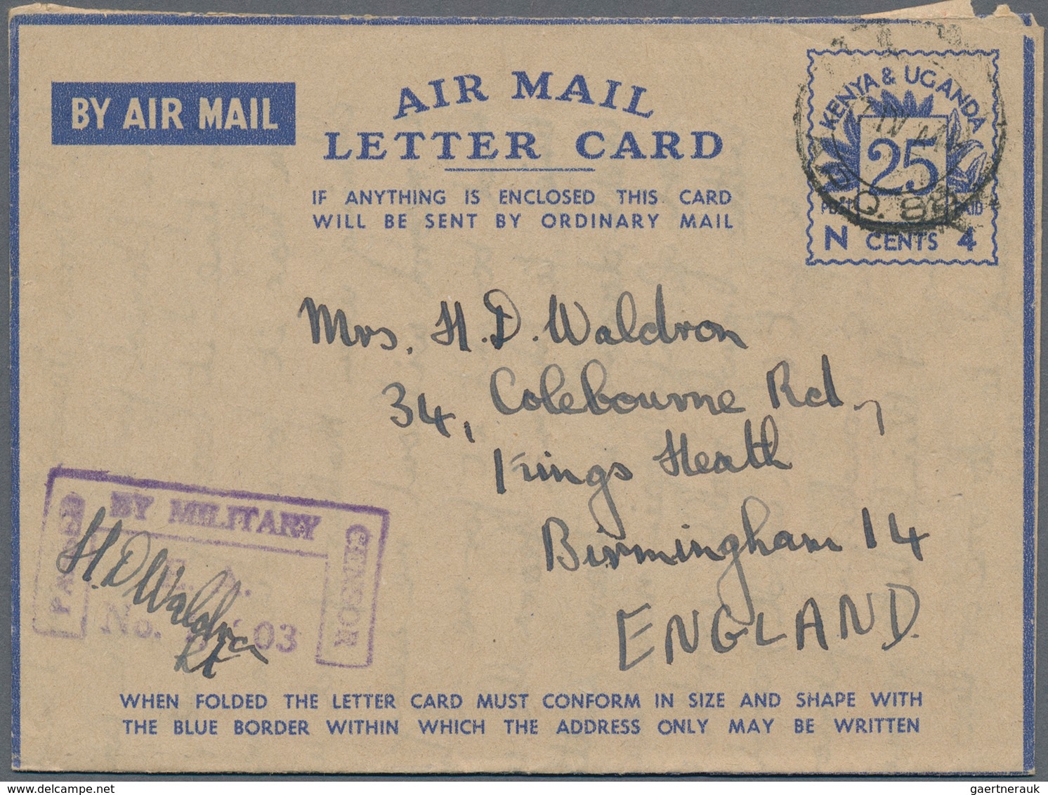 Ostafrikanische Gemeinschaft: 1944, Air Mail Letter cards with blue value tablet "25 CENTS / N 4", a