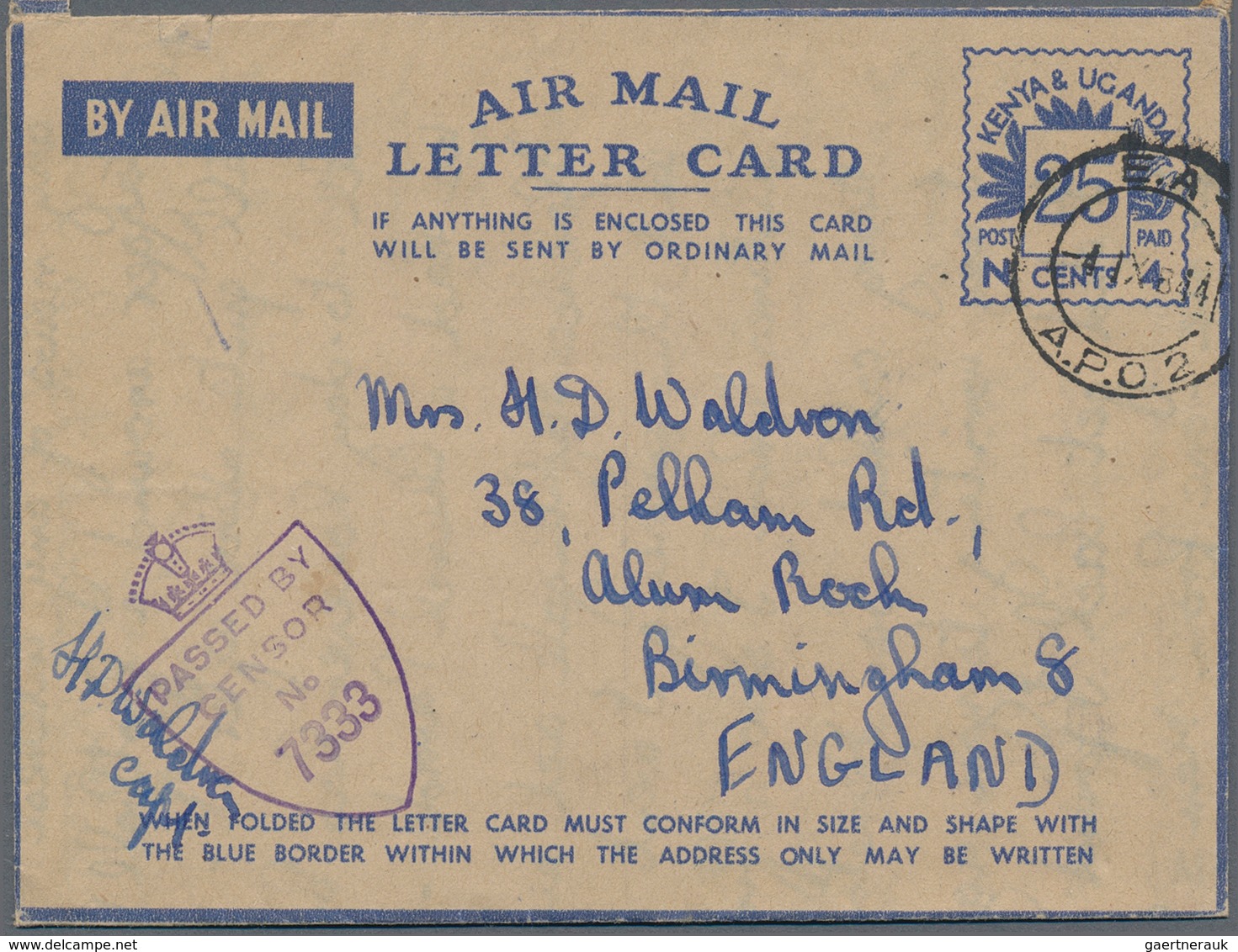 Ostafrikanische Gemeinschaft: 1944, Air Mail Letter cards with blue value tablet "25 CENTS / N 4", a