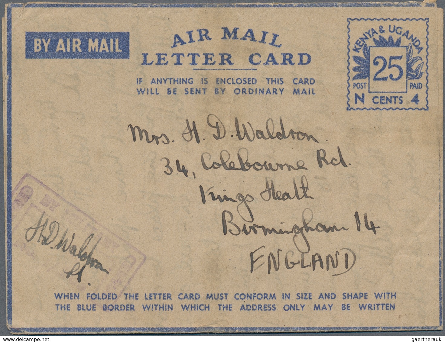 Ostafrikanische Gemeinschaft: 1944, Air Mail Letter cards with blue value tablet "25 CENTS / N 4", a