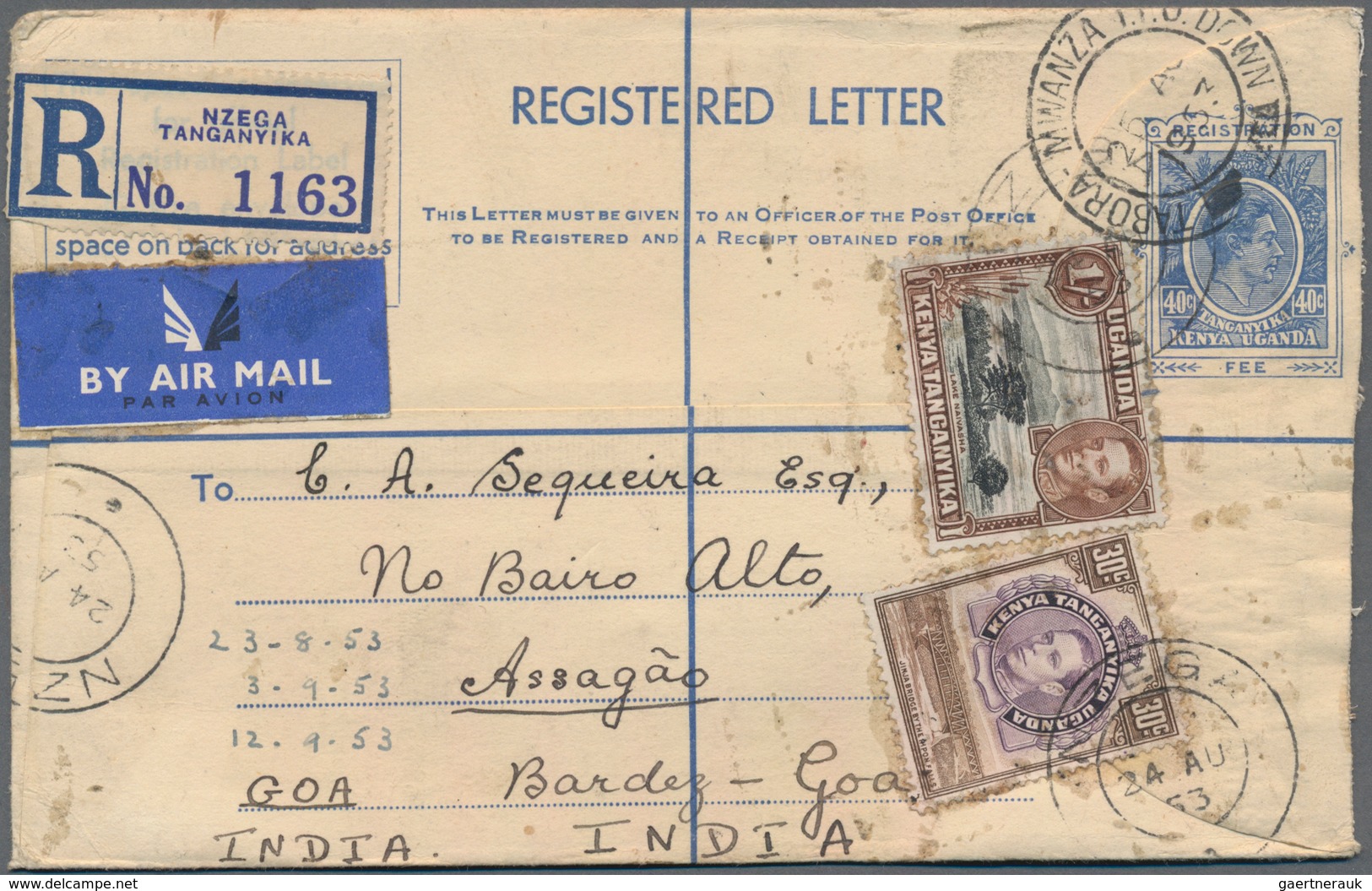Ostafrikanische Gemeinschaft: 1953/54 Two Uprated Registered Postal Stationery Envelopes From Morogo - Brits Oost-Afrika