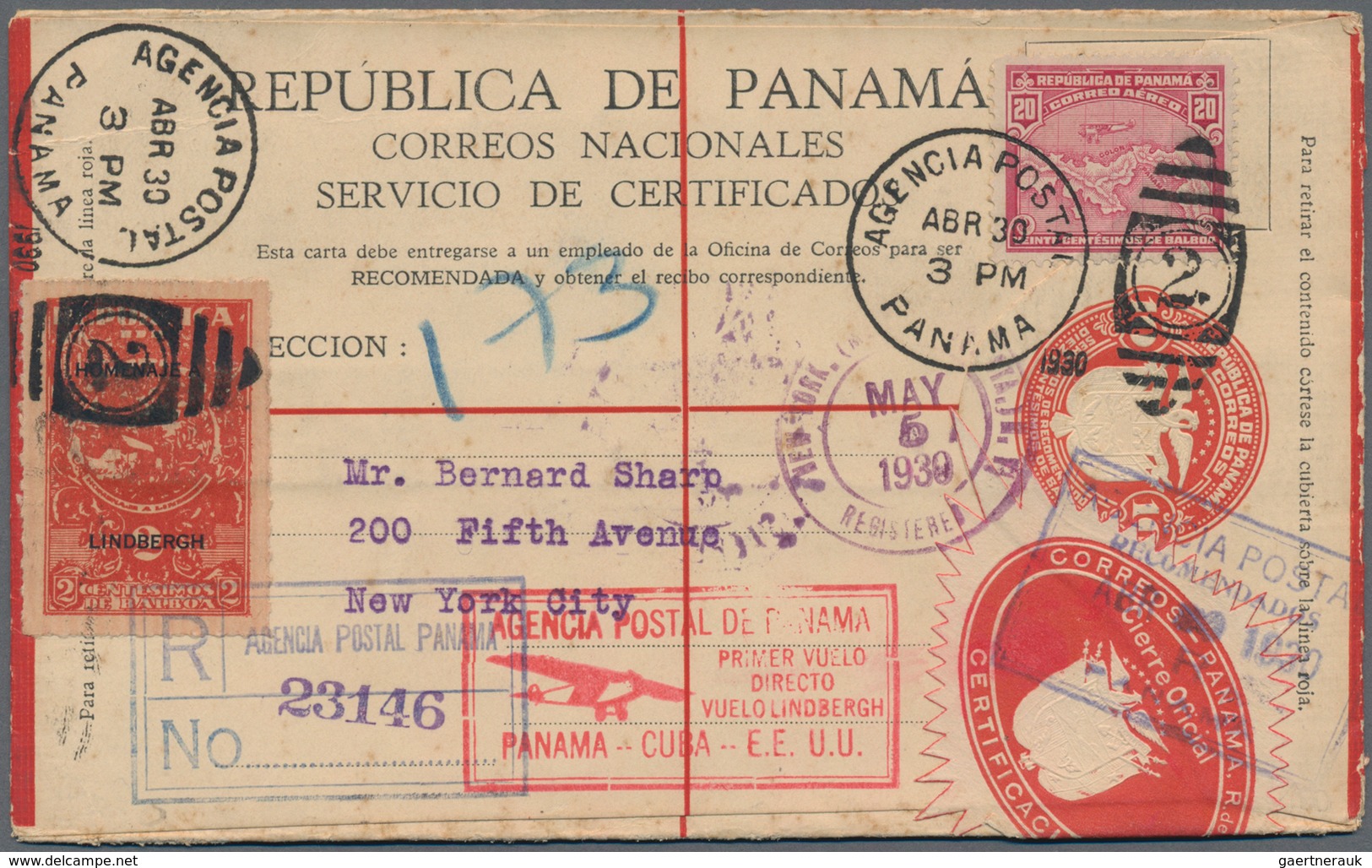 Panama - Ganzsachen: 1930, Registered Envelope 10c. Red Uprated By Lindbergh Overprint 2c. Carmine A - Panama