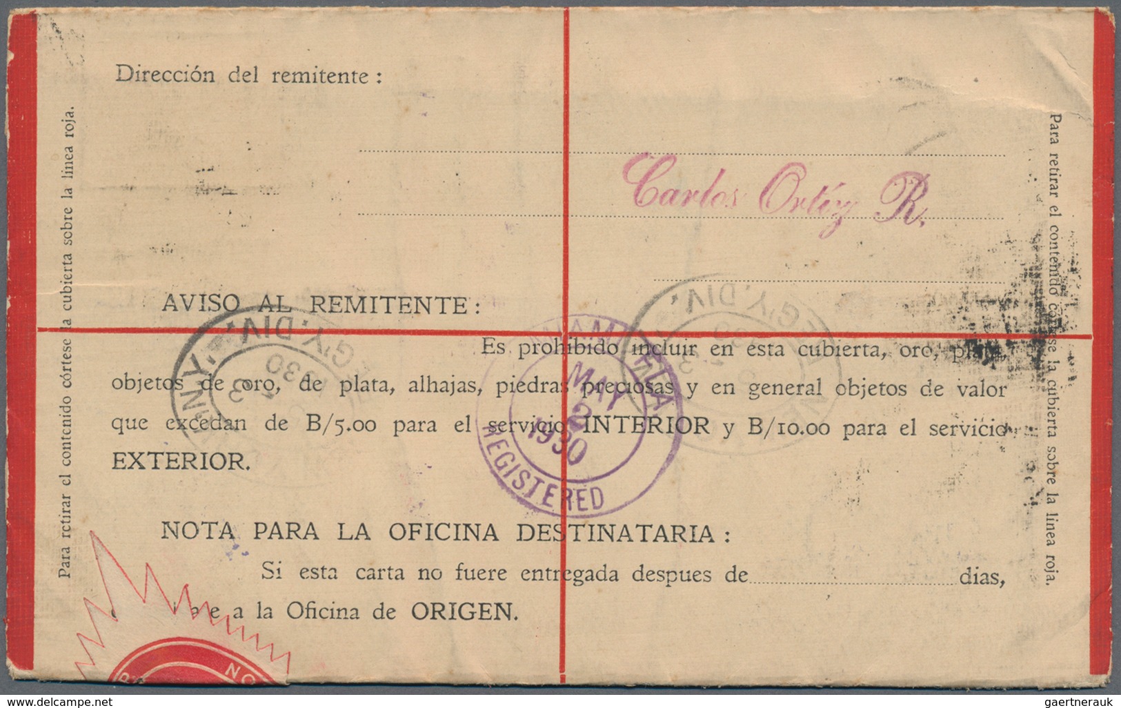 Panama - Ganzsachen: 1930, Registered Envelope 10c. Red Uprated By Lindbergh Overprint 2c. Carmine A - Panama