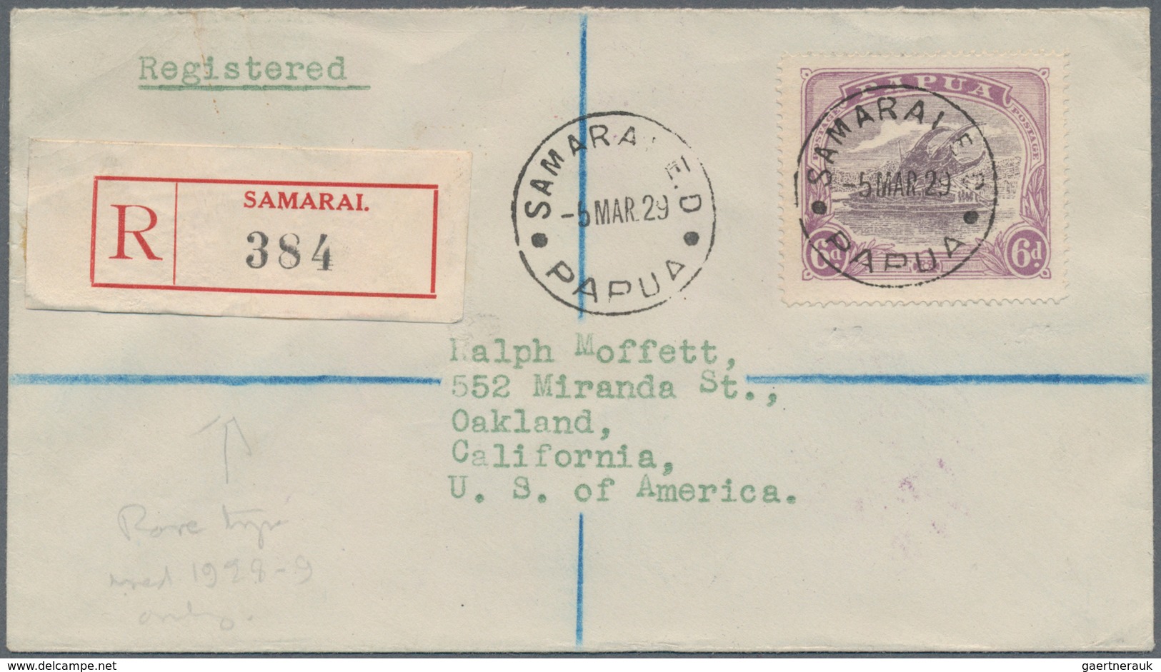 Papua: 1929, Registered Letter From SAMARAI With 6 D Definitive To Oakland, CA. Sveral Transit And A - Papua New Guinea