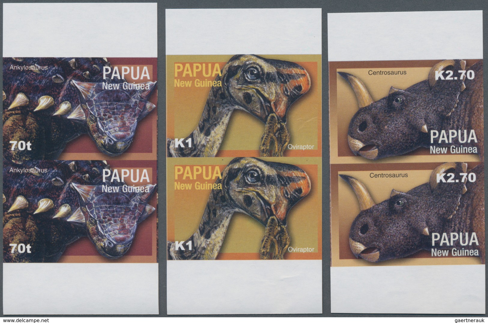 Papua Neuguinea: 2004, Prehistoric Animals Complete Set Of Six In Vertical IMPERFORATE Pairs, The Im - Papua New Guinea