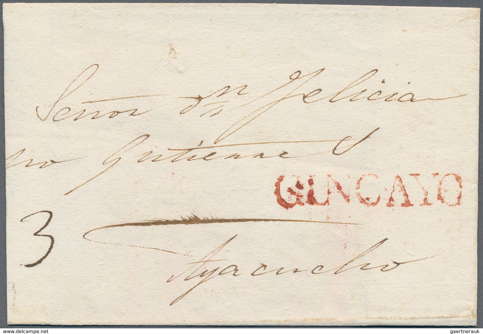 Peru: 1821 (ca.) QINCAYO (Huancayo) Rare Red 1-line Canc. On Folded Envelope Sent To Ayacucho. - Perú