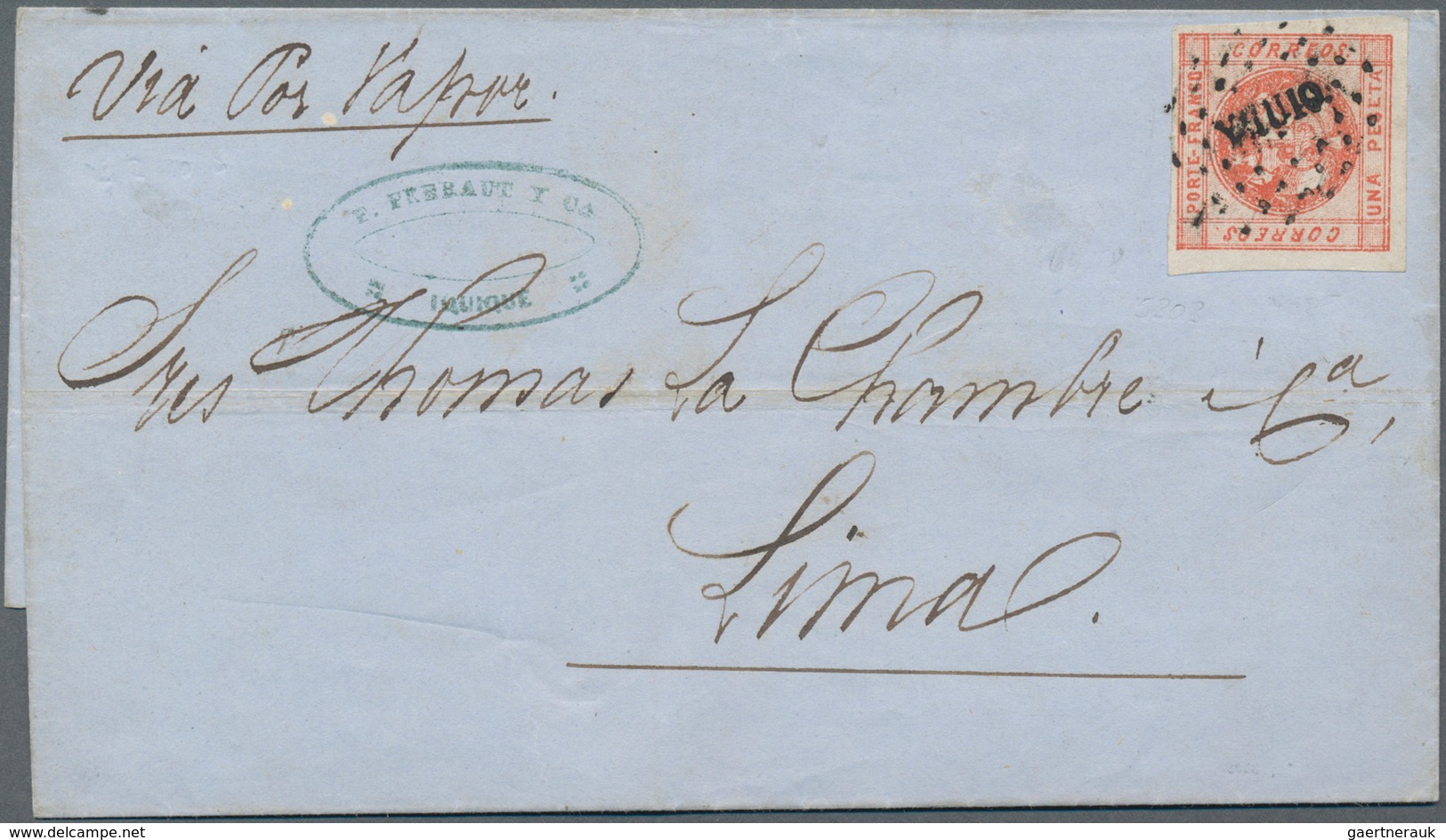 Peru: 1858, 1 Peseta Vermillion Single Franking Tied By Dot-oval Cancel YQUIQ On Folded Letter With - Pérou