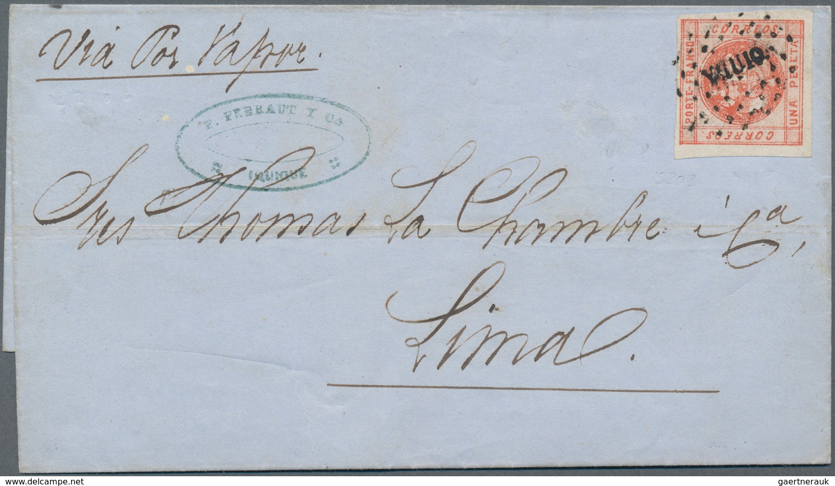 Peru: 1858, 1 Peseta Vermillion Single Franking Tied By Dot-oval Cancel YQUIQ On Folded Letter With - Peru