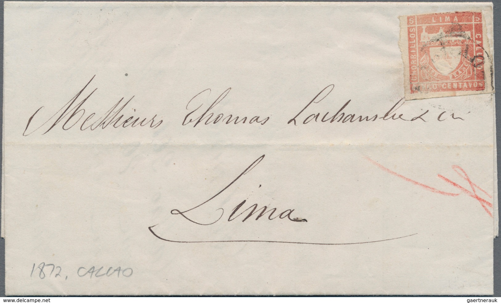 Peru: 1872, Letter Franked With 10 Centavos With Large Margins On Three Sides And Touched On Top For - Peru