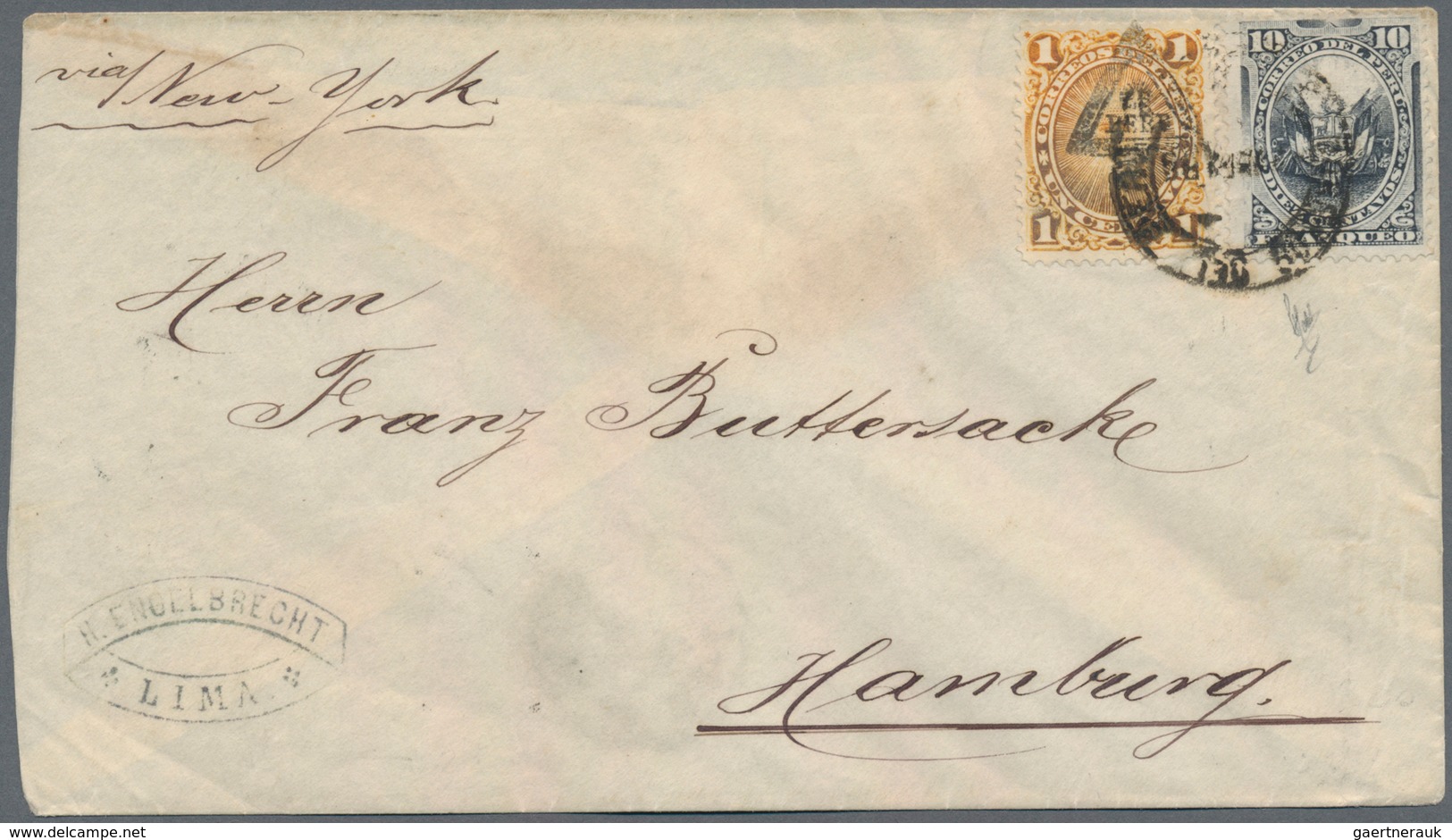 Peru: 1886, 1c. Orange With Triangular Overprint And 10c. Slate On Cover From Lima Apr.86 To Hamurg/ - Peru