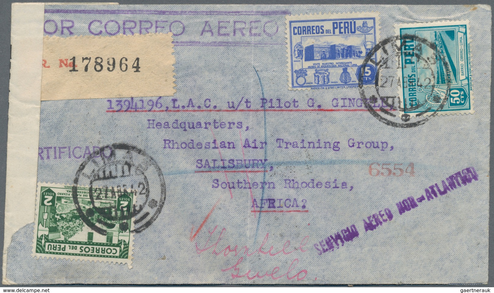 Peru: 1942, 2 Airmail Covers From LIMA To A Pilot At "Rhodesian Air Taining Group" In Salisbury, Sou - Perù