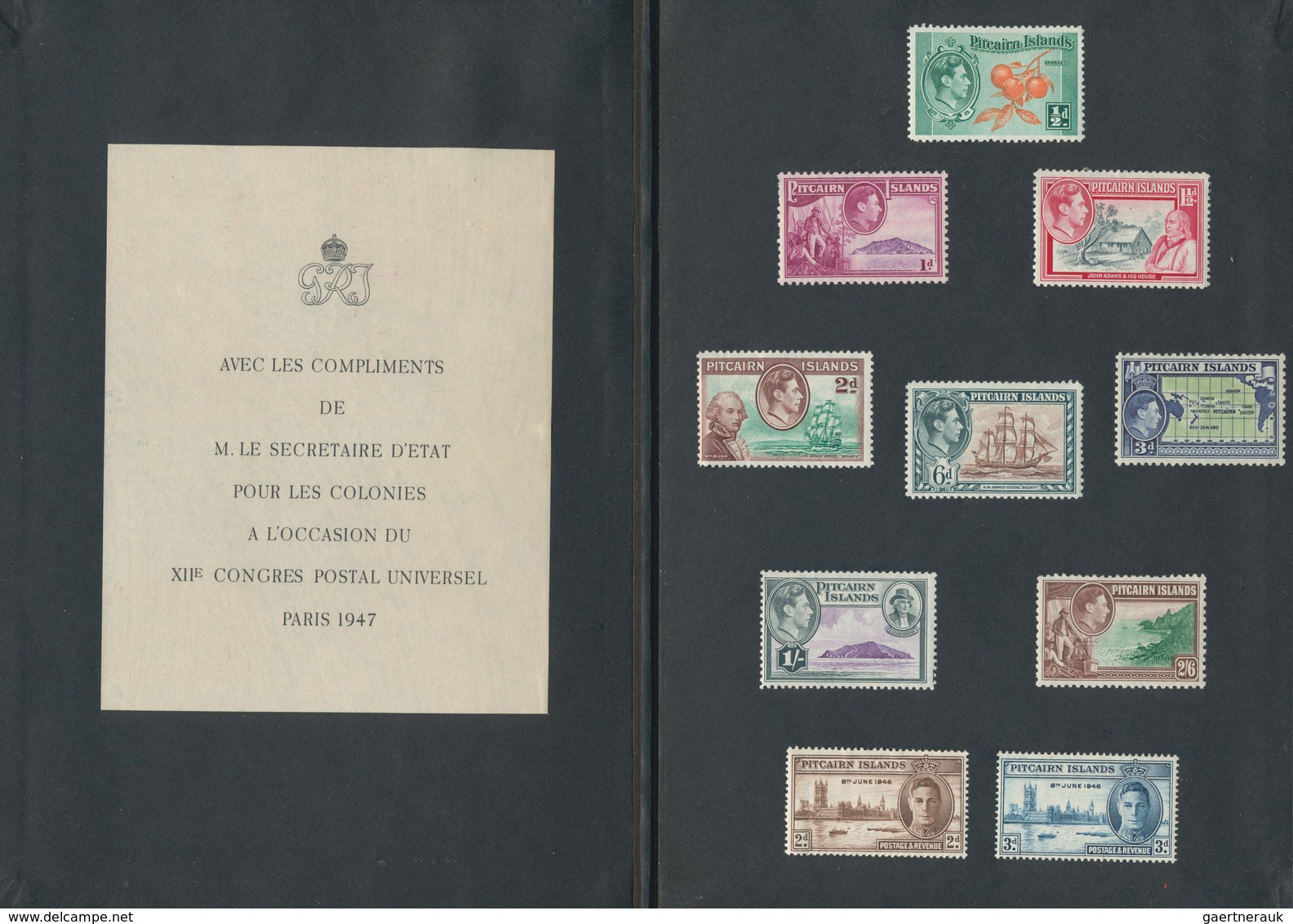 Pitcairn: 1947 'UPU Congress Paris 1947' Presentation Booklet With Ten Mint Stamps Adhered, With Set - Pitcairneilanden