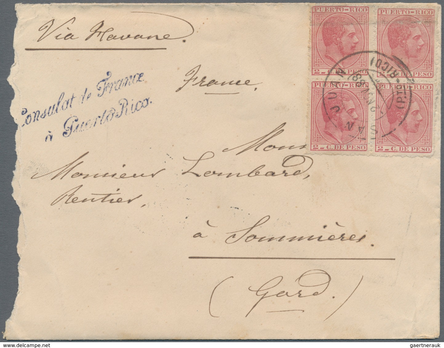 Puerto Rico: 1888: Envelope (rawly Opened At Left) France With 'Consulate De France A Puerto Rico' C - Puerto Rico