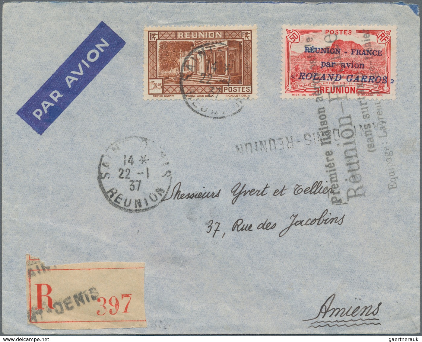 Reunion: 1937, 50 C Red 'ROLAND GARROS' And 1,25 F Brown Definitive, Together On Registered Airmail - Storia Postale
