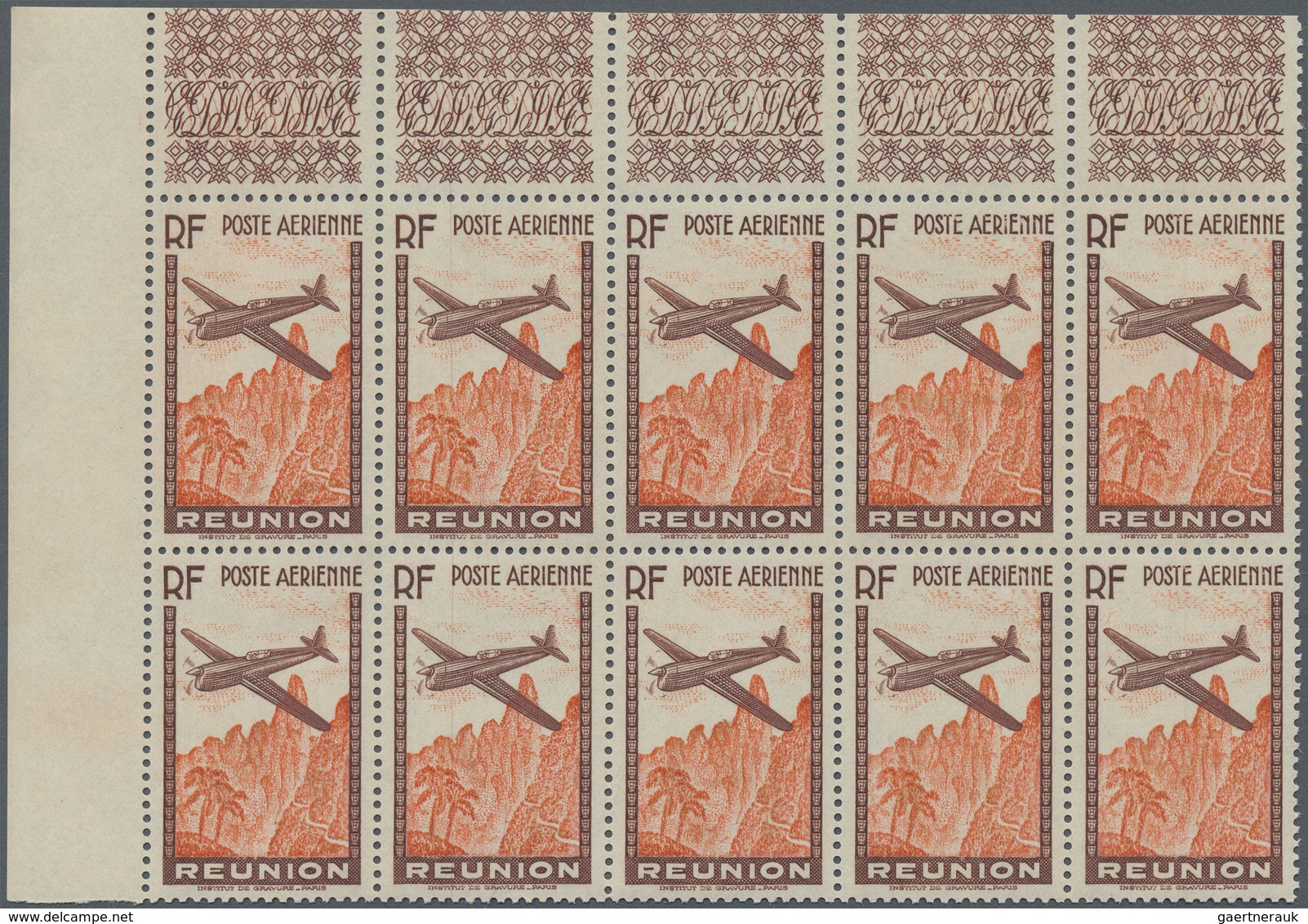 Reunion: 1938, Airmail Issue ‚airplane Over Mountains‘ (6.65fr.) Brown/red With MISSING DENOMINATION - Covers & Documents