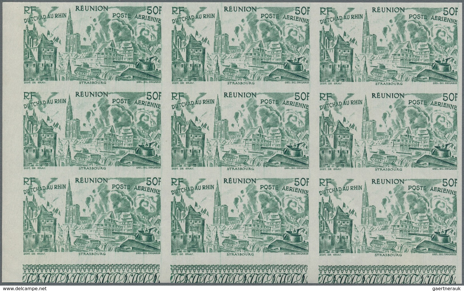 Reunion: 1946, Du Chad au Rhin, 5fr.-50fr., complete set of six values in imperforate marginal block