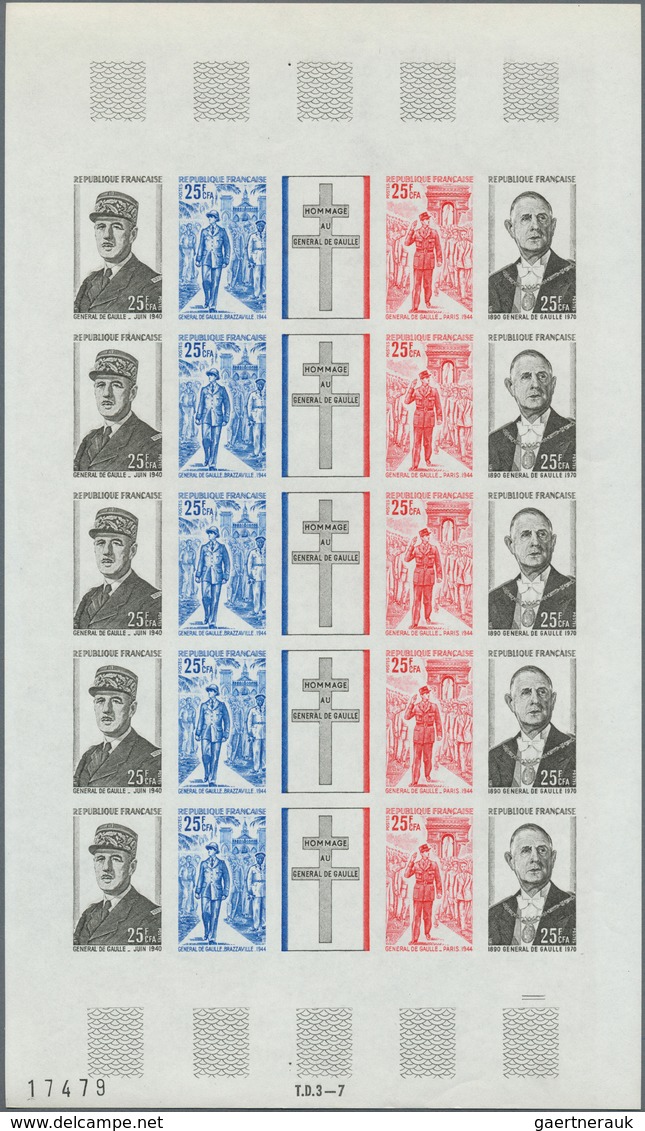 Reunion: 1971, 1st Death Anniversary Of Charles De Gaulle, Imperforate Sheet Comprising Five Strips - Brieven En Documenten