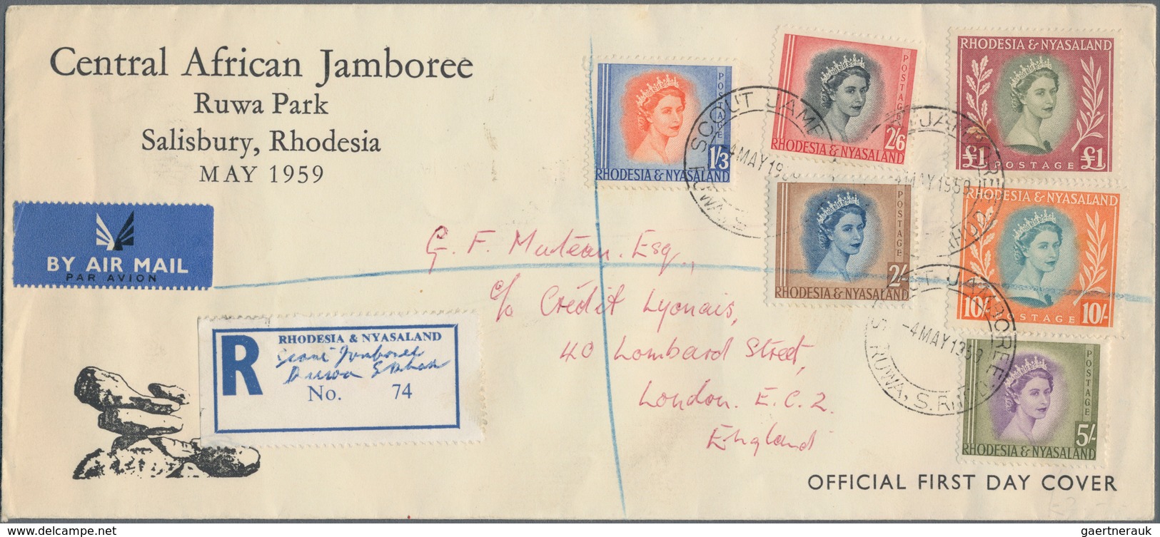 Rhodesien Und Nyassaland: 1954 Registered Cover Franked With Six Stamps Of Standard Issue Queen Eliz - Rhodesië & Nyasaland (1954-1963)