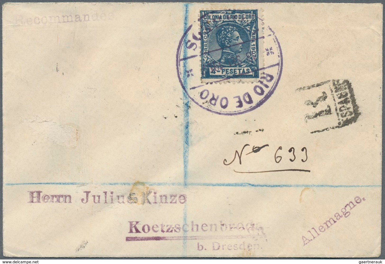 Rio De Oro: 1907, Alfons XIII 4 Ptas Blue On Registered Letter Sent From "SOSU.. 13 SEP 07" Via Las - Rio De Oro