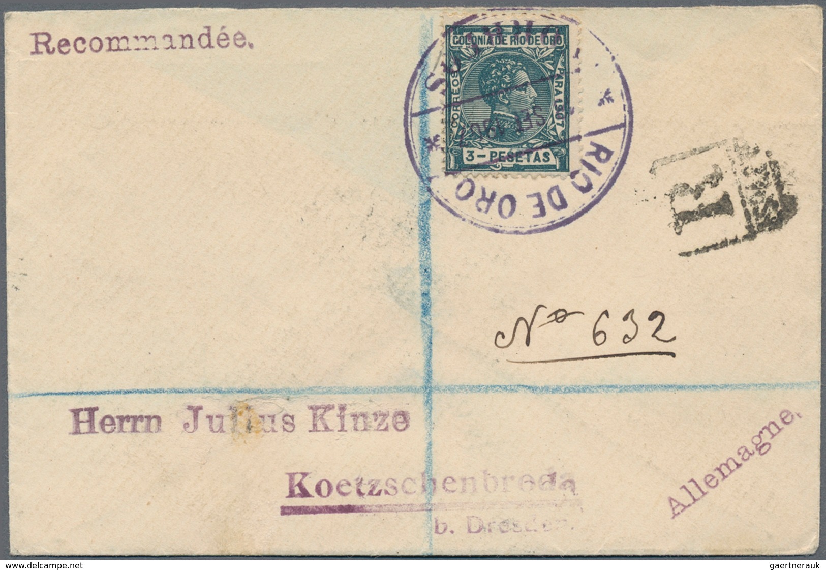 Rio De Oro: 1907, 3 Pts. Green Tied "RIO DEL ORO 13 SEP 1907" To Registered Cover To Germany, On Rev - Rio De Oro