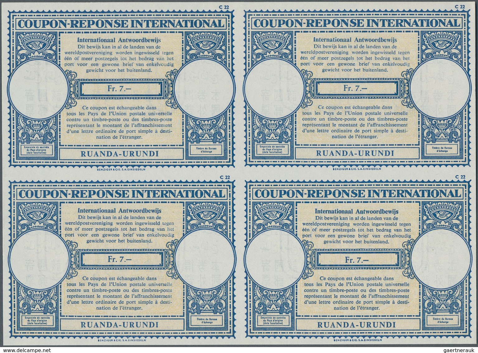 Ruanda-Urundi: 1960. International Reply Coupon Fr. 7.- (London Type) In An Unused Block Of 4. Issue - Otros & Sin Clasificación