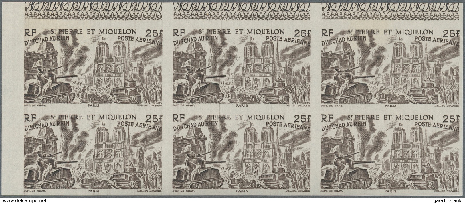 St. Pierre und Miquelon: 1946, Du Chad au Rhin, 5fr.-50fr., complete set of six values in imperforat