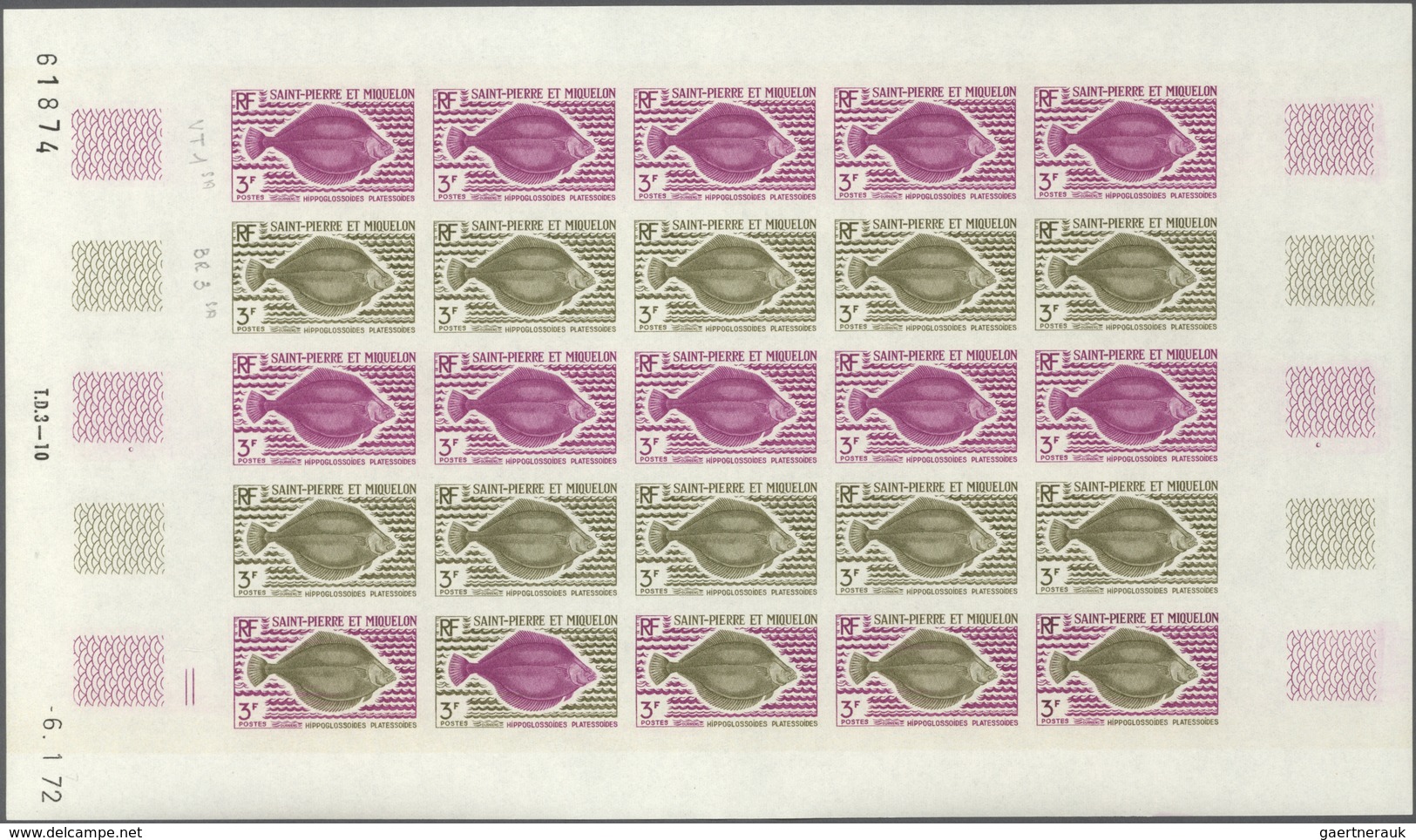 St. Pierre Und Miquelon: 1972. Complete Set FISH (4 Values) In 4 Color Proof Sheets Of 25 Showing Va - Autres & Non Classés