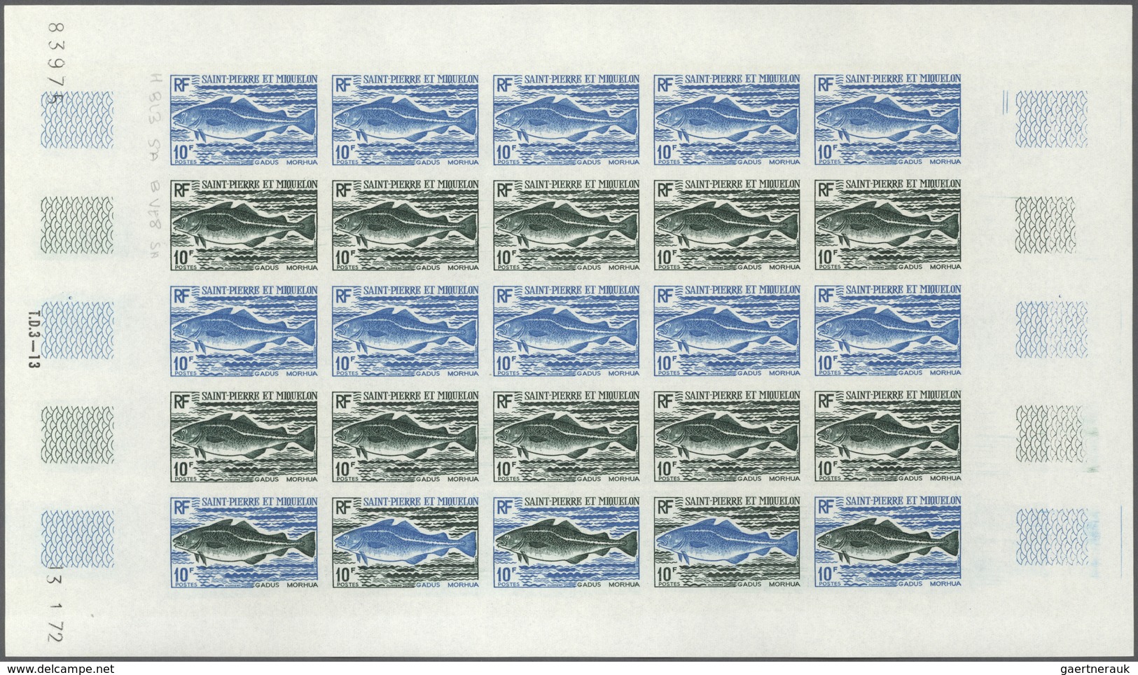 St. Pierre und Miquelon: 1972. Complete set FISH (4 values) in 4 color proof sheets of 25 showing va