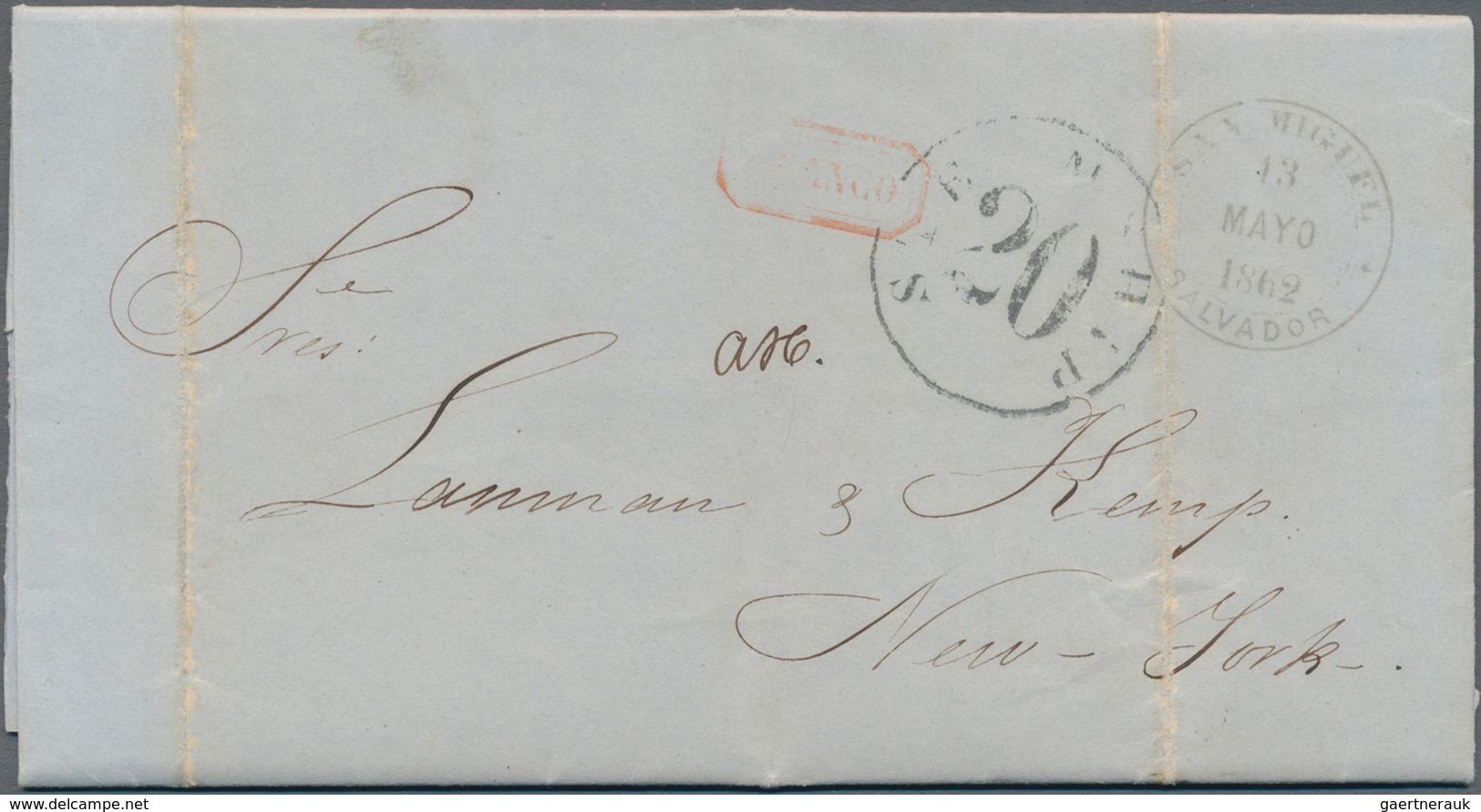 El Salvador: 1862, Folded Letter With Cds "SAN MIGUEL 13 MAYO 1862", Red "FRANCO" Addressed To New Y - El Salvador